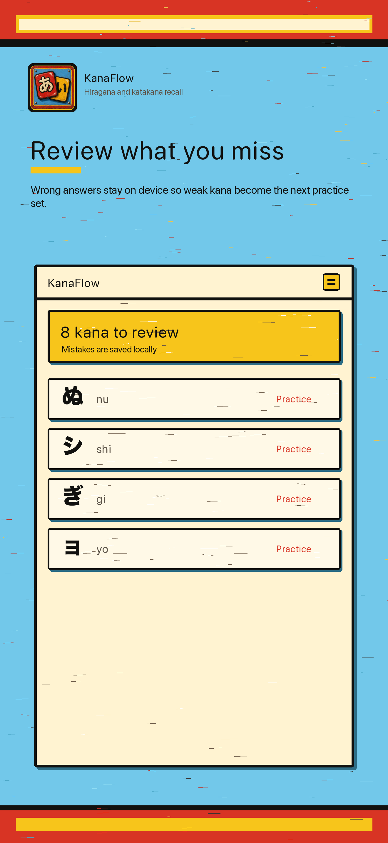 KanaFlow Practice preview showing local mistake review