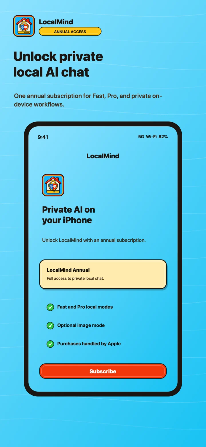 LocalMind settings with privacy and subscription controls