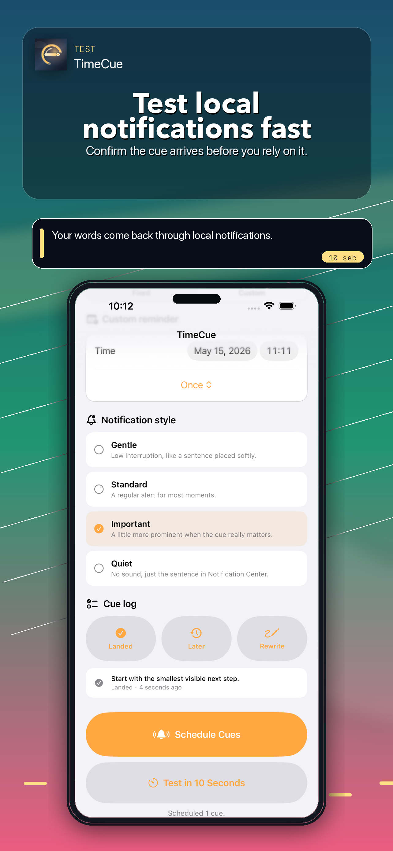 TimeCue test notification preview