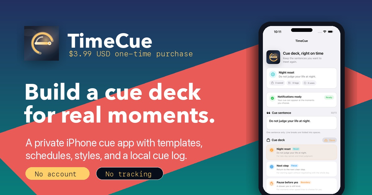 TimeCue product preview with the app icon and an iPhone screenshot